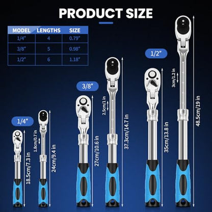 3-Piece Extendable Ratchet Set with 180-Degree Flex Head, 1/4" 3/8" 1/2" Drive, 72-Tooth Quick-Release Reversible Socket Wrench Set, Chrome Vanadium Steel with Storage Tray - size: Extendable&Flex-Head Ratchet