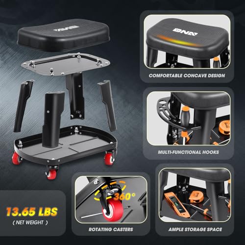 DNA Motoring TOOLS-00252 Removable Rolling Garage Stool with Seat Cushion & Tool Tray Plate,300lbs Max Weight Capacity - color: Black