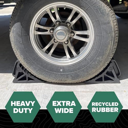 EKON OX BLOX Heavy Duty Wheel Chocks with Handle 2-Pack - Wide 6" Footprint | With Grooves to Prevent Tires from Slipping; Campers, Trailers & RV Wheel Chocks; 100% Recycled Rubber Wheel Chocks