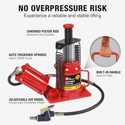 Big RED Air Jack, 20 Ton Hydraulic Bottle Jack, Lift Range 7-1/16" to 12-5/8", Low Profile Heavy Duty Jack with Dual-Power Operation, Adjustable Lift Range & Safety Valve - 20 Ton (40,000 LBS) - size: 20 Ton (40,000 lbs), style: Air Jack