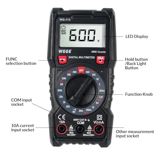 WGGE Digital Multimeter with Case, DC AC Voltmeter, Ohm Volt Amp Test Meter and Continuity Test Diode Voltage Tester for Household Outlet, Automotive Battery Test (Anti-Burn with Double Fuses)