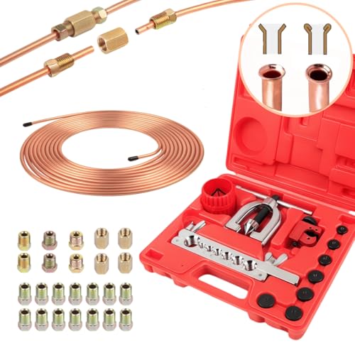 Wostore 25FT 3/16" Copper Coated Brake Line Kit & Flaring Tool, 24 Fittings | 24 brass fittings with double/single flaring tool. Copper-coated, rust-resistant. Works on cars, trucks & motorcycles. - size: Double flare kit with 3/16" Brake Line