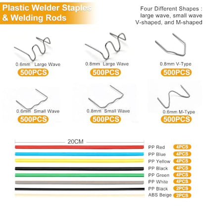 weideer 3028PCS Plastic Welding Staples,Plastic Welder Staples & Welding Rods,8 Types, Auto Bumper Repair Kit,Hot Staples with Portable Toolbox for Car, DIYers,Toy