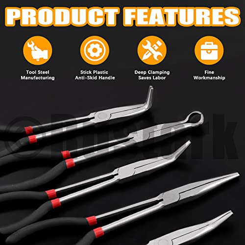 5Pcs 11 inch Long Needle Nose Pliers Set Automotive Heavy Duty Long Reach Hose Pliers - Straight, 25, 45, 90 Degree Angle, Circle for Easy Removing and Installing Spring Clips Lines Hoses