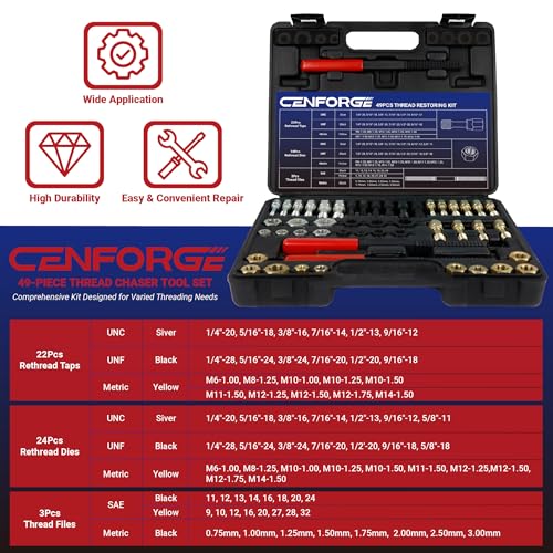 49PCs Thread Chaser Set, Metric & SAE Rethreading Tool Kit with 22 Taps, 24 Dies, 3 Thread Files - Universal Bolt Restorer in UNC UNF Metric Sizes for Automotive (Includes Portable Case)