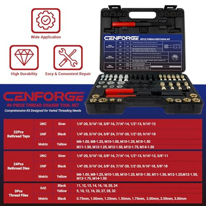 49PCs Thread Chaser Set, Metric & SAE Rethreading Tool Kit with 22 Taps, 24 Dies, 3 Thread Files - Universal Bolt Restorer in UNC UNF Metric Sizes for Automotive (Includes Portable Case)
