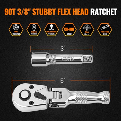 Stubby Flex Head 3/8" Drive Ratchet Wrench, 90T Mini Ratchet, Quick-Release Reversible with Cr-Mo Head and 3" Extension Bar for Tight Spaces - size: 3/8" Stubby