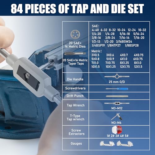 Anfrere 84pc Tap and Die Set in SAE & Metric Sizes, Standard Tap Set and Die Tool Set for Threading and Rethreading Internal and External Threads, M3-M12 Thread Repair Kit