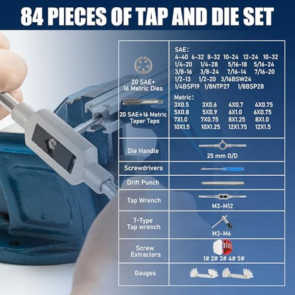 Anfrere 84pc Tap and Die Set in SAE & Metric Sizes, Standard Tap Set and Die Tool Set for Threading and Rethreading Internal and External Threads, M3-M12 Thread Repair Kit