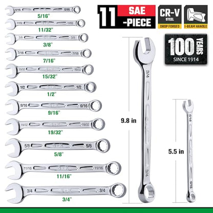 SK Combination Wrench Set, SAE 5/16" to 3/4", 11-Piece, SuperKrome Finish, Premium CR-V Construction, with Rolling Pouch - size: SAE
