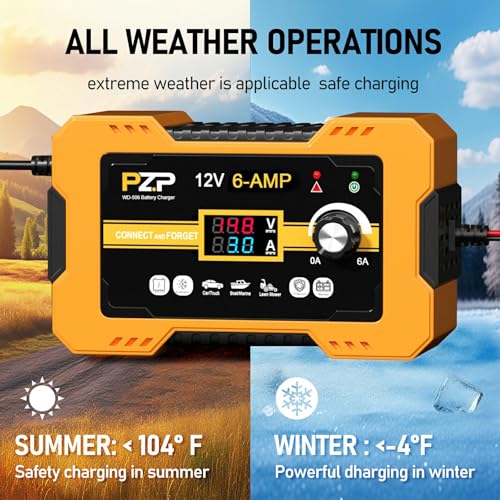 12V Automatic Car Battery Charger, 0-6A Arbitrarily Adjustable Smart Trickle Charger, Auto Desulfator with Battery Repair, Battery Maintainer with Winter Mode for AGM, Gel, Deep Cycle, Lead-Acid - color: Sun orange