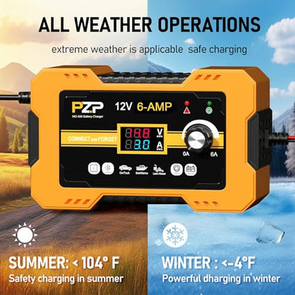 12V Automatic Car Battery Charger, 0-6A Arbitrarily Adjustable Smart Trickle Charger, Auto Desulfator with Battery Repair, Battery Maintainer with Winter Mode for AGM, Gel, Deep Cycle, Lead-Acid - color: Sun orange