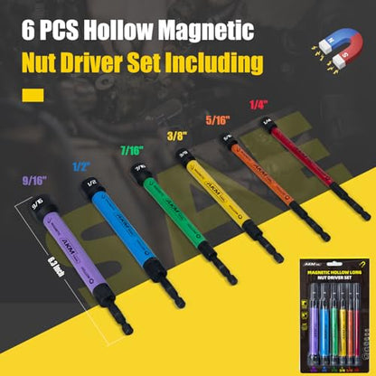 6 PCS Hollow Nut Driver Set, Magnetic nut driver set, Hollow Shaft Nut Driver Set, SAE, Color Coded, Hex Sizes, 1/4 to 9/16-Inch, Nut Setter, Hollow Nut Driver with 5-Inch Extended Reach - size: 6 PCS Hollow Magnetic Nut Driver Set