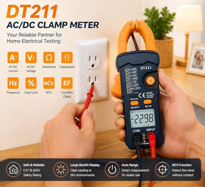 DT211 Mini Smart Clamp Meter | Digital Multimeter AC/DC Voltage & Current Tester | True RMS | NCV Non-Contact Voltage | Resistance, Capacitance, Frequency | Portable for Home/Automotive/Electricians