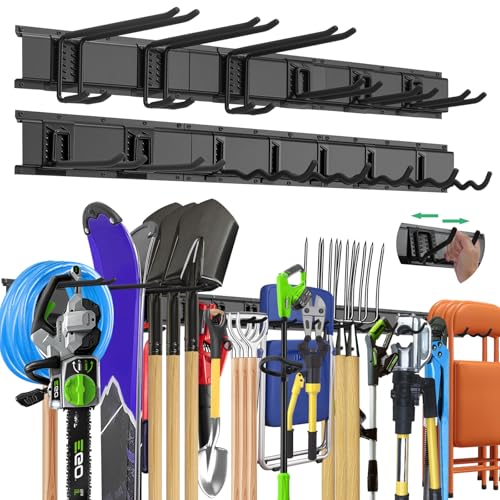 "96 Garage Tool Organizer Wall Mount - Heavy Duty 1020 lbs Metal Storage Rack, Easy Install Adjustable Hooks for Garden Tools Brooms - size: 96 Inch