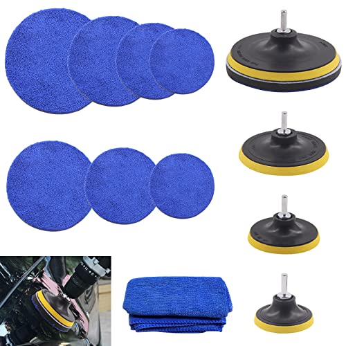 4 Sizes Microfiber Polishing Buffing Pads Kits Removing Wax with 3" 4" 5" 6" Hook and Loop Backing Pads Buffer Pads Microfiber Wax Applicator for Car Polishing Waxing and Cleaning