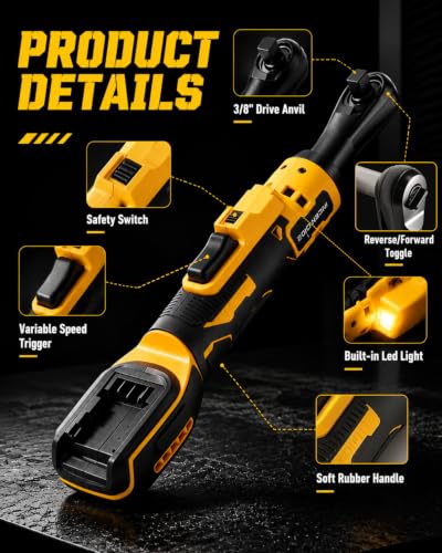 3/8" Cordless Ratchet Wrench Compatible with Dewalt 20V Battery, 74ft-lbs | 1250 RPM Brushless, LED Light, Compact Low Profile Electric Ratchet with 8 Sockets Set, 3 Inch Extension Bar - size: 3/8"