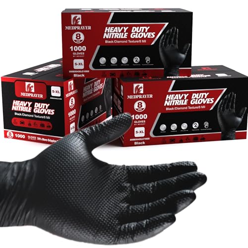 Industrial Nitrile Gloves – Heavy Duty Latex & Powder Free Disposable Gloves with Diamond Texture - color: Black, size: Medium (Pack of 50)