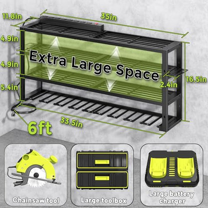 Large Power Tool Organizer Wall Mount with Charging Station, 8 Outlet Power Strip, 4 Layers 8 Drill Holder Heavy Duty Metal Tool Storage Loads 420lbs with Screwdriver Holder, Utility Racks for Garage