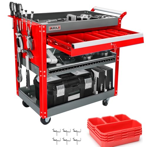 AIRAJ Rolling Tool Cart,Heavy Duty Tool Cart on Wheels,440LB Load Capacity,Utility Tool Cart with Drawers,Storage Cart with Locking System,Hooks and Parts Box for Mechanic,Warehouse,Workshop - size: Red