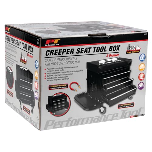 Performance Tool W85025 3-Drawer Rolling Tool Chest Seat With Magnetic Side Trays, Black