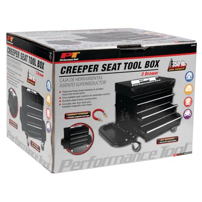 Performance Tool W85025 3-Drawer Rolling Tool Chest Seat With Magnetic Side Trays, Black