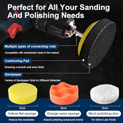 131 PCS 3 Inch Wet Dry Sanding Discs 60-10000 Grit Hook and Loop Sandpaper | Headlight Restoration Kit Drill Sanding Attachment Polishing Kit with Rotary Tools for Auto Metal Glass Resin Wood Jewelry - color: 3 Inch Sanding Discs with Polishing Pads