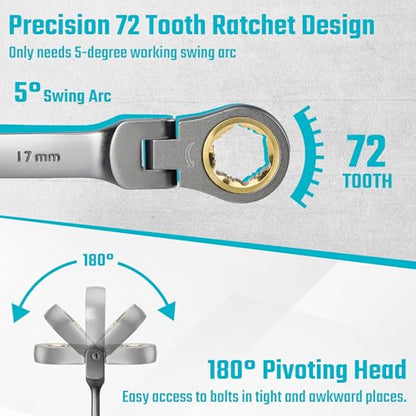 DURATECH Anti-Slip Flex-Head Ratcheting Wrench Set, 12-Piece, Metric | 72-Tooth, 8-19 mm, CR-V Steel, Storage Case Included