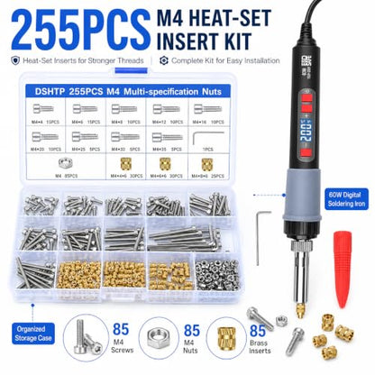 255PCS M4 Heat Set Insert Kit for 3D Printing, 60W Digital Soldering Iron with Adjustable 200-500°C Temperature, Brass Threaded Inserts, Bolts, Nuts, M4 Insert Tips for Plastic & 3D Printed Parts
