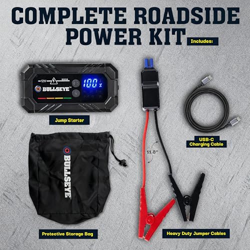 Bullseye SafetyXL 12V 1000A Car Battery Jump Starter Box with Jumper Cables | Spark + Reverse Polarity Protection, 1800 mAh, Rechargeable Power Bank, LED Flashlight - for 6.0L Gas / 3.0L Diesel Engines