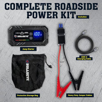 Bullseye SafetyXL 12V 1000A Car Battery Jump Starter Box with Jumper Cables | Spark + Reverse Polarity Protection, 1800 mAh, Rechargeable Power Bank, LED Flashlight - for 6.0L Gas / 3.0L Diesel Engines