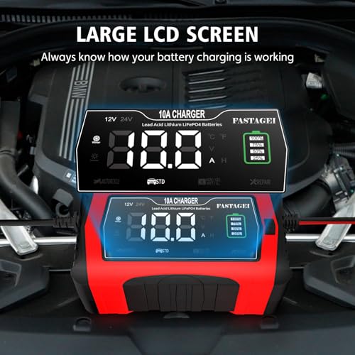 Lithium/LiFePO4/Lead Acid Battery Charger Smart Battery Trickle Charger 12V/24V 10A/5A Automotive Battery Maintainer Desulfator Temp Compensation for Car Truck Motorcycle Lawn Mower Marine RV