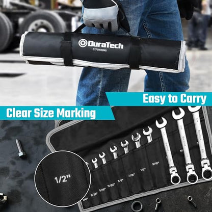 DURATECH Flex Head Ratcheting Wrench Set, Combination Wrench Set, 22-piece, Metric & SAE, 1/4" to 3/4" & 6-18mm, CR-V Steel, Mirror Polished, with Pouch - style: Flex-head