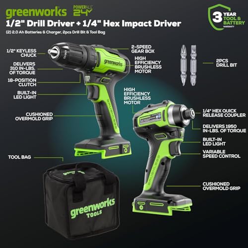 Greenworks 24V Brushless 3 pcs Cordless Power Tool Combo Kit, include Drill Driver, Angle Grinder, Impact Driver, 1 x 4Ah Batteries, 1 x 2Ah Batteries and 1× 2A Charger - size: 3PCS Combo Kits(Drill+Driver+Angle Grinder)