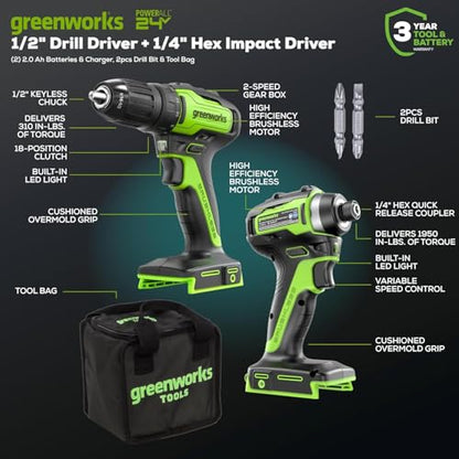 Greenworks 24V Brushless 3 pcs Cordless Power Tool Combo Kit, include Drill Driver, Angle Grinder, Impact Driver, 1 x 4Ah Batteries, 1 x 2Ah Batteries and 1× 2A Charger - size: 3PCS Combo Kits(Drill+Driver+Angle Grinder)