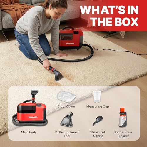 Shop-Vac Portable Carpet Cleaner Machine with Steam & Heating, 5430225 | Cleaning Solution Included, 3 Modes, Deep Stain Removal with Self-Cleaning Tool, for Car, Furniture, Stair & Fabric Cleaning