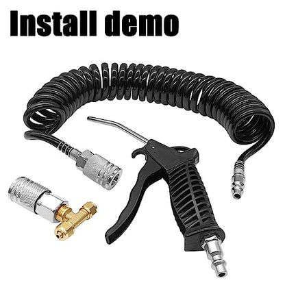 Air Blow Gun kit with 16ft Long 8mm OD Coil PU Air Hose Air Duster Blow Gun Kit (Black) - color: Black