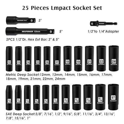 MIXPOWER 25 Pieces 1/2-Inch Drive Deep Impact Socket Set, CR-V, Metric/SAE, Includes 12mm to 24mm, 3/8-Inch to 1-Inch, 3", 5" Extension bars, 1/2"-1/4" Adapter - size: 25 PCS(10MM-24MM,3/8"-1")