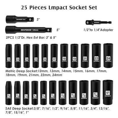 MIXPOWER 25 Pieces 1/2-Inch Drive Deep Impact Socket Set, CR-V, Metric/SAE, Includes 12mm to 24mm, 3/8-Inch to 1-Inch, 3", 5" Extension bars, 1/2"-1/4" Adapter - size: 25 PCS(10MM-24MM,3/8"-1")