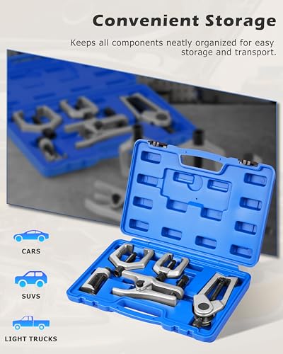 DAYUAN 5Pcs Professional Front End Service Tool Kit Ball Joint Separator | Removes Ball Joints Tie Rods & Pitman Arms Puller, Heat Treated Alloy Steel, Fits Most Cars & Light Trucks, Storage Blue Case - color: Blue