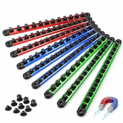 Magnetic Socket Organizer Set | 1/4" 3/8" 1/2" Socket Rail with 120 Clips | 9PCS Aluminum Alloy Socket Holder | Ratchet Organizer & Socket Organizer for Tool Box Drawer|Garage and Tool Cart - size: 9 PCS