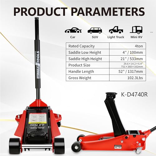 4T Low Profile Steel Floor Jack, 8000 lb, Dual Pump, 4"-21" Lift, Red | Heavy-duty steel, dual-piston quick lift, low profile, 4"-21" range, overload safety protection. - size: 4T Dual Pump 4"-21"(Red)