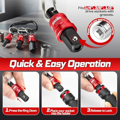 Geinxurn 3Pcs Socket Holder Keychain, 1/2” Drive Quick Release & Quick Change Socket Set Organizer for Socket Adapter Square Drive for Lineman, Electricians, Construction Crews Outdoor Work - style: B01K003-0102