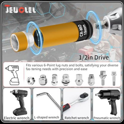 7PCS 1/2" Dr Wheel Protector Impact Socket & Lug Nut Socket Set, 17, 19, 21mm Lug Nut Remover Extractor Tools, 6 Point Non-Marring Lug Nut Thin Wall Deep Socket Wrench, Twist Socket CR-MO