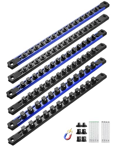 ALOANES Magnetic Socket Organizer Set, 6PC Heavy Duty Aluminum Socket Holder Organizer, 360° Swivel Clips Socket Holder Kit for Toolbox Drawer Fit 1/2, 3/8, 1/4-Inch x 80 Clips (Blue&Black, 6PC) - color: Blue&Black, size: 6PC, 1/2, 3/8, 1/4-Inch Drive