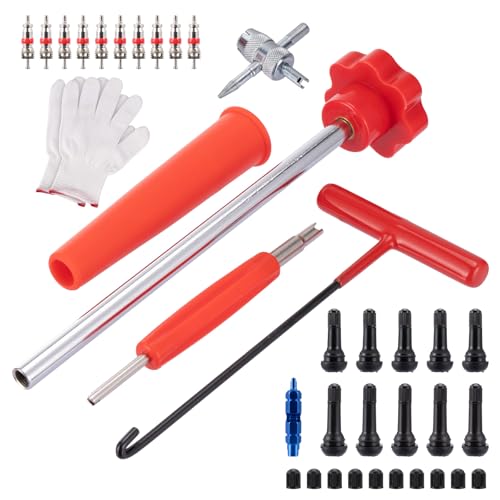 37Pcs Tire Valve Stem Tool,with TR413/414,4-Way Valve Core Removal Tool | T-Handle Puller,Push Rod&Gloves,Valve Stem Removal Tool,Quickly Replacement Tool Kit,Car, Truck, Motorcycle