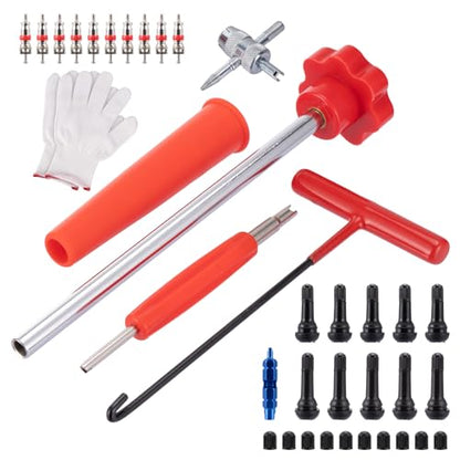 37Pcs Tire Valve Stem Tool,with TR413/414,4-Way Valve Core Removal Tool | T-Handle Puller,Push Rod&Gloves,Valve Stem Removal Tool,Quickly Replacement Tool Kit,Car, Truck, Motorcycle
