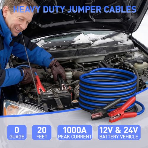 SAFEMATE 0 Gauge Heavy Duty Jumper Cables, 20 Feet 1000 Amp Automotive Booster Cables for 12V & 24V Vehicles, Jump Starting Dead or Weak Batteries – Jumper Cables Kit with Carry Bag