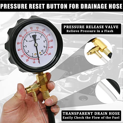 0-140 PSI Automotive Fuel Pressure Tester Kit for Gasoline Engines | For gasoline engines; 1/4 in and M6 test hoses with M8, M10, M12 and M14 adapters; not for diesel or direct injection