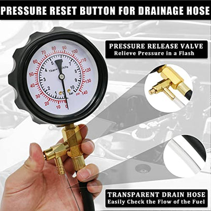 0-140 PSI Automotive Fuel Pressure Tester Kit for Gasoline Engines | For gasoline engines; 1/4 in and M6 test hoses with M8, M10, M12 and M14 adapters; not for diesel or direct injection